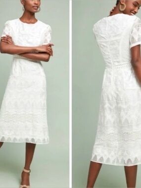 Anthropologie ERI + ALI White
Embroidered Swan Midi Dress SZ 10 EUC